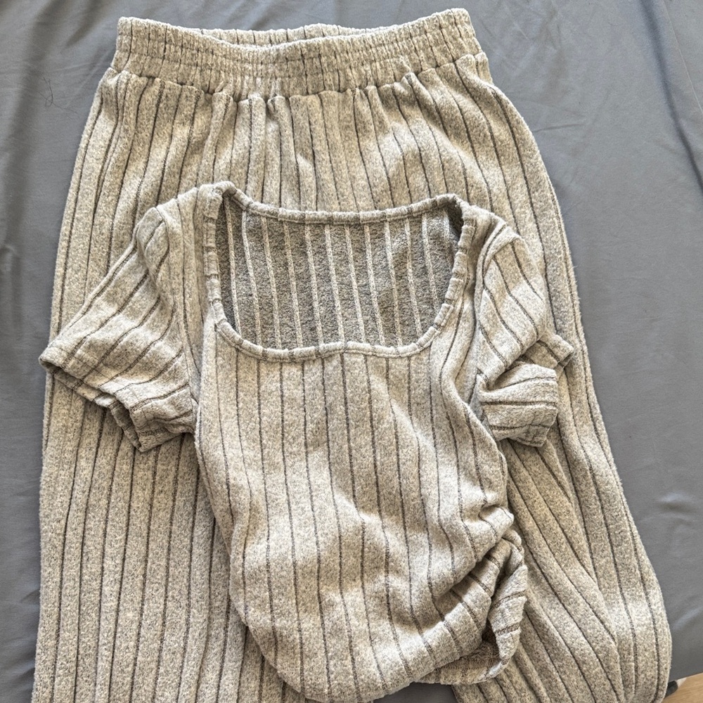 Gray Ribbed Knit Top and Pants Set